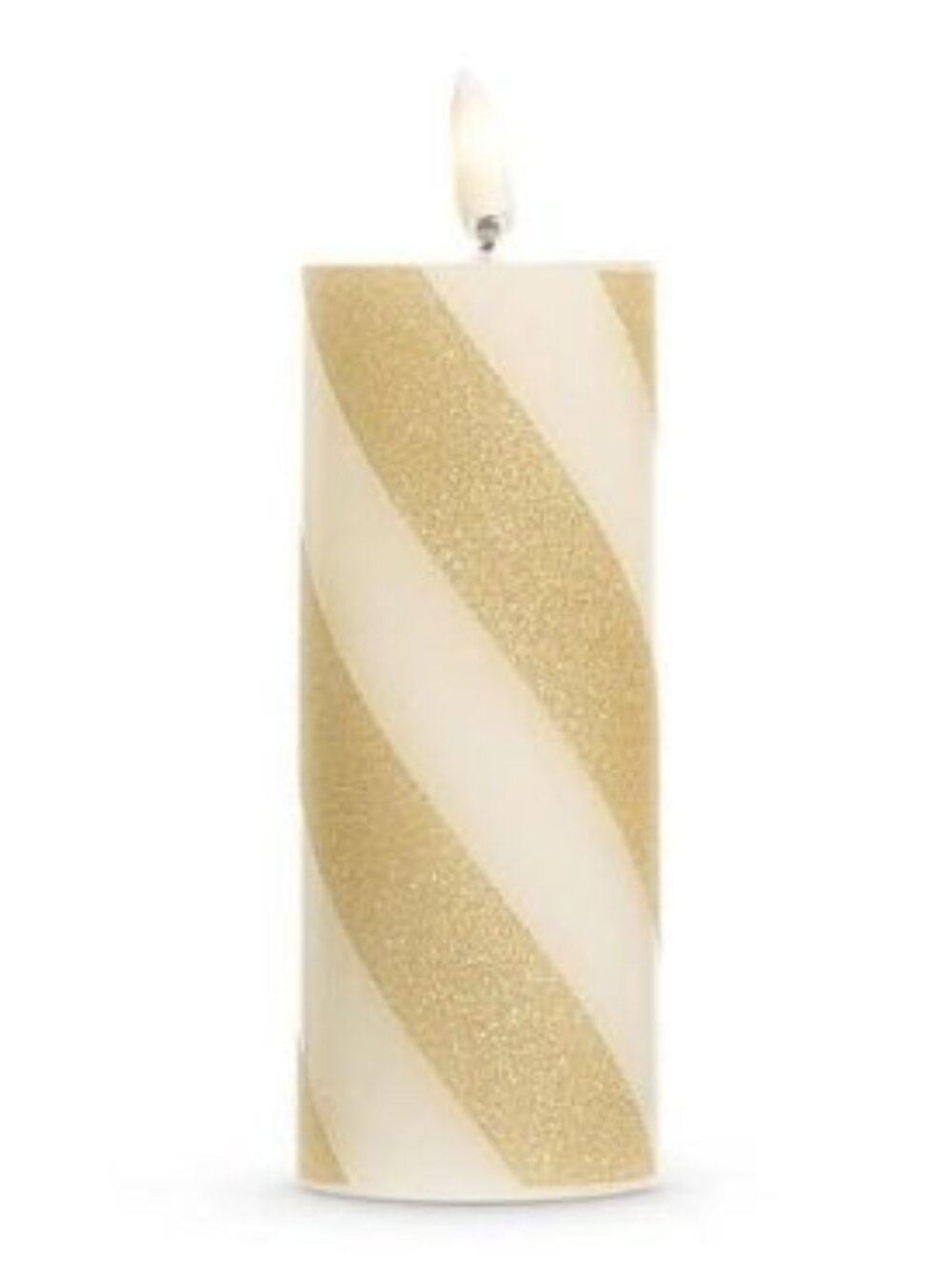 NIB RAZ Imports Flameless LED Wax Candle 4"x2" Gold GLITTER/White Stripe Christm